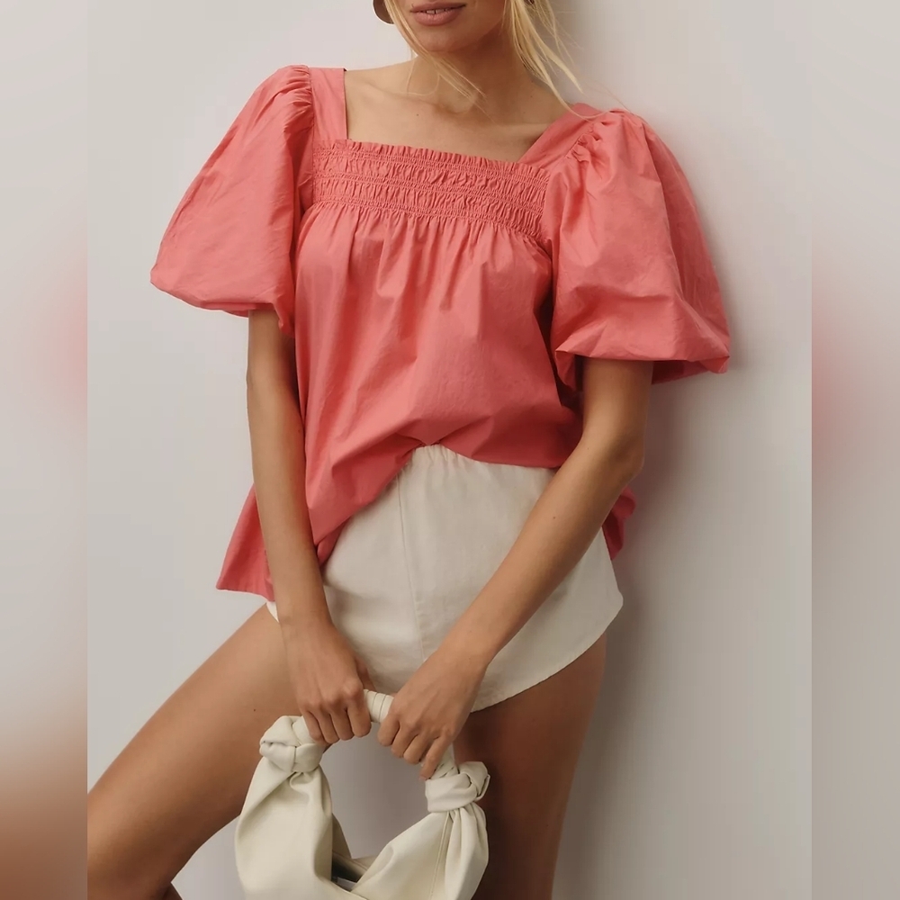 Anthropologie Coral Smocked Puff Sleeve Blouse Sz S